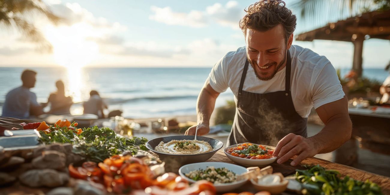 a young man cooking by the sea