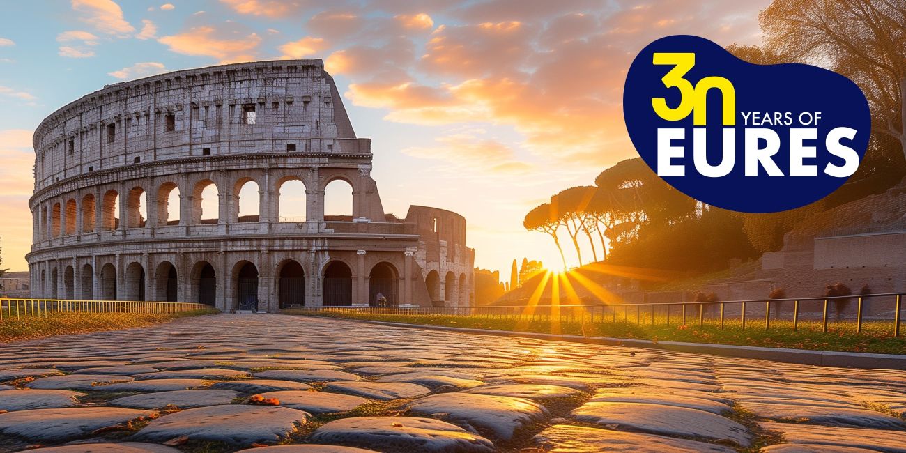 Roman Coloseum, sunset and EURES 30th Anniversary logotype