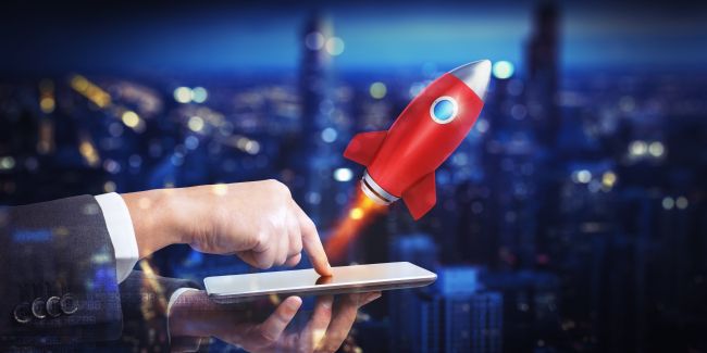 Hand mobile phone and the rocket in digital environment