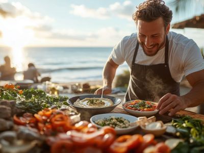 a young man cooking by the sea