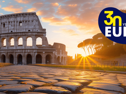 Roman Coloseum, sunset and EURES 30th Anniversary logotype